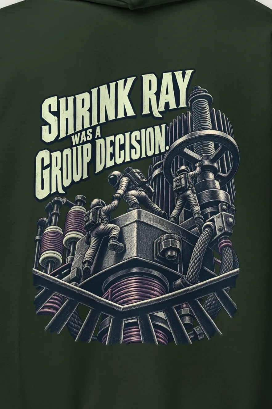 "Shrink Ray Was a Group Decision" Heavy Blend Unisex Pullover Hoodie - the graphic up close