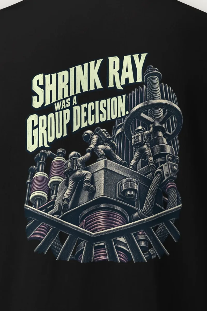 "Shrink Ray Was a Group Decision" Heavyweight Unisex Crewneck T-shirt - the graphic up close