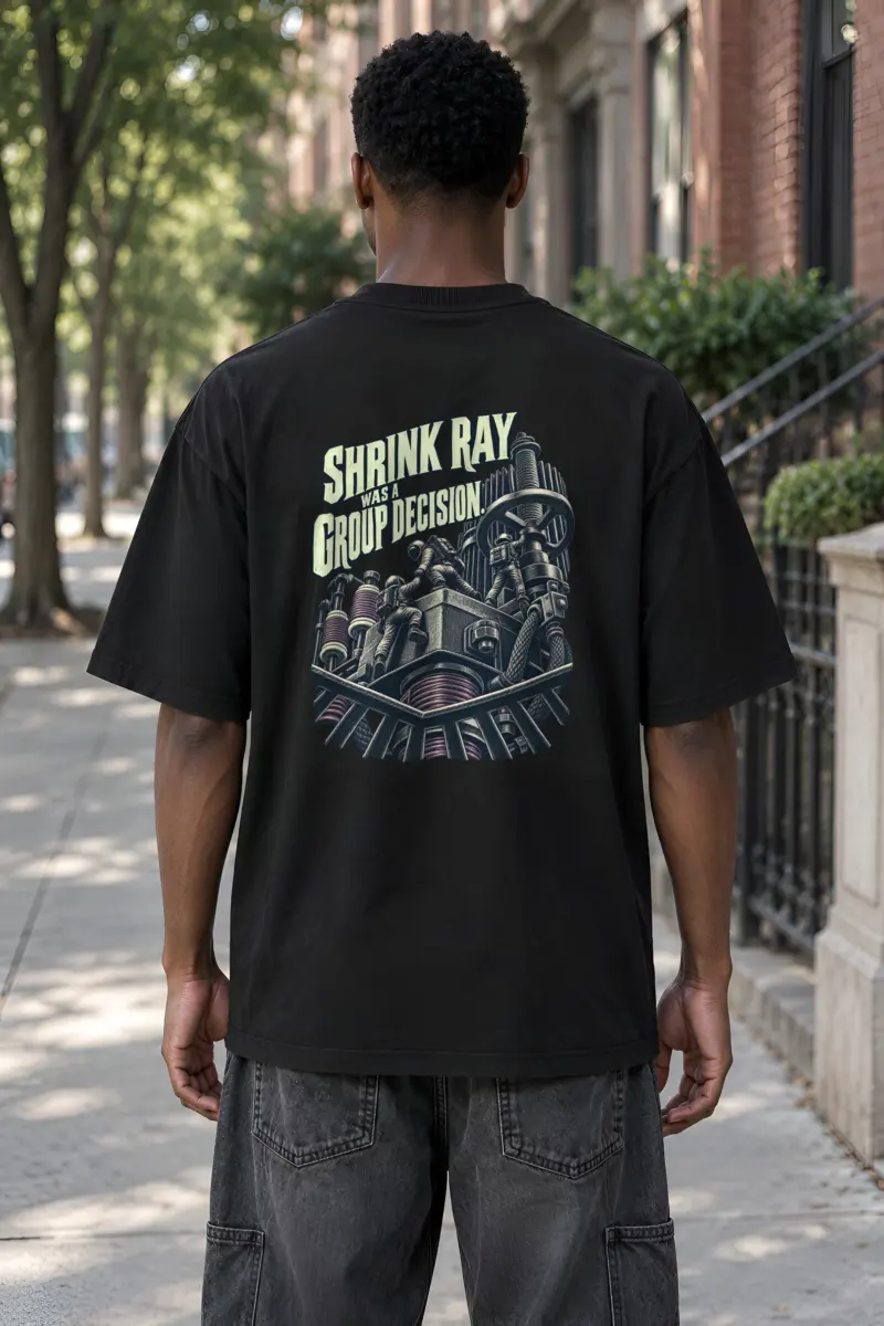 “Shrink Ray Was a Group Decision” Men’s Oversized Heavyweight Crewneck T-Shirt