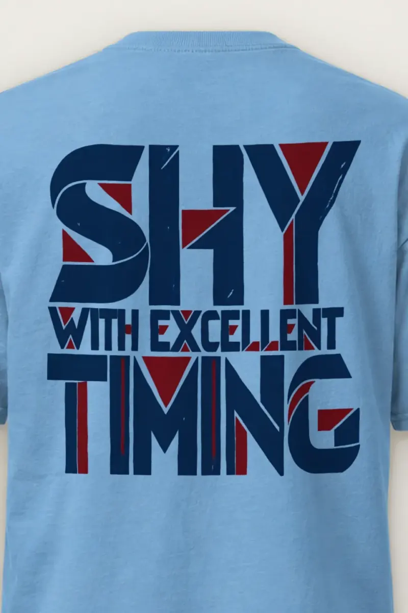 "Shy With Excellent Timing" Heavyweight Unisex Crewneck T-shirt - the graphic up close