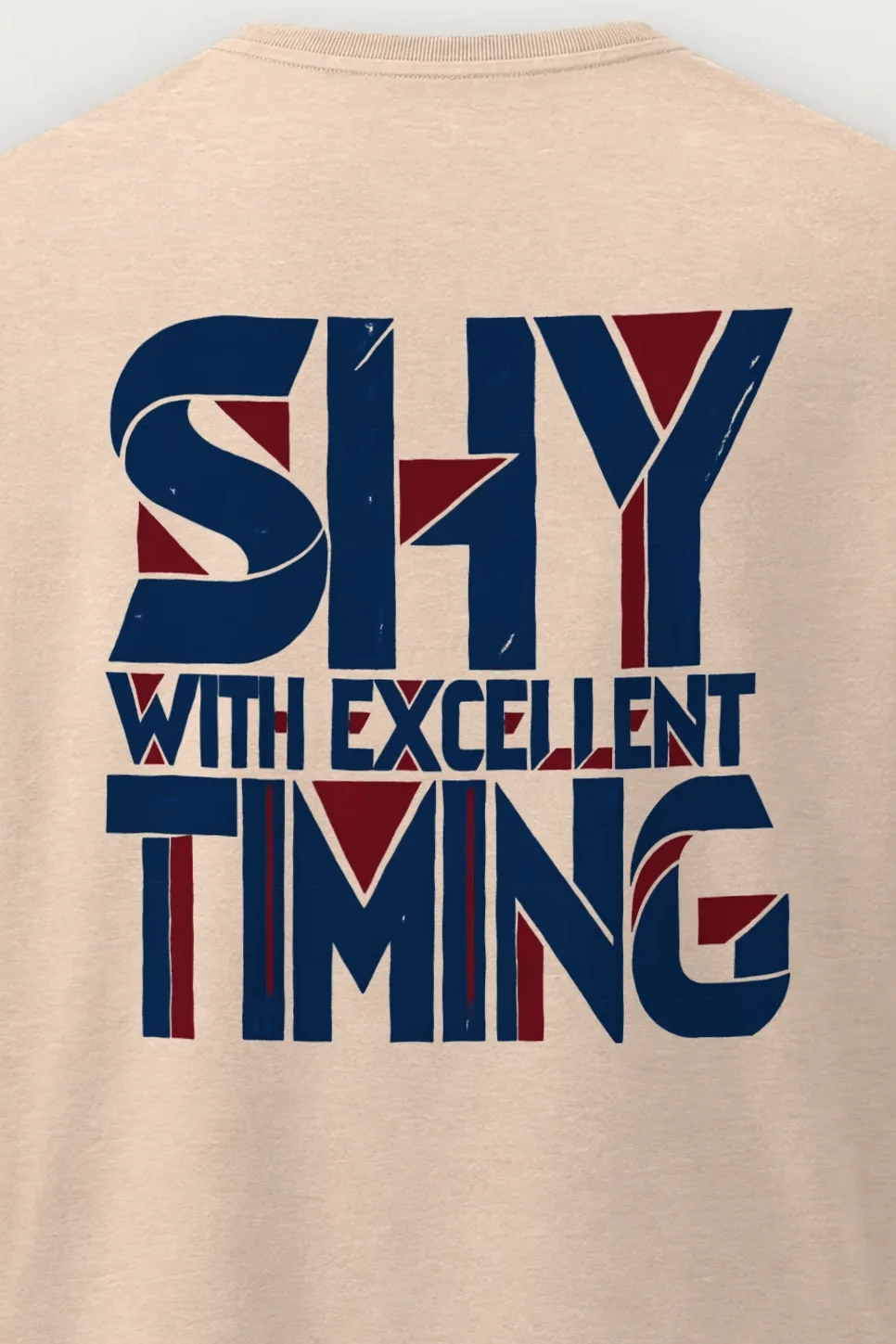 "Shy With Excellent Timing" Men’s Oversized Heavyweight Crewneck T-Shirt - the graphic up close