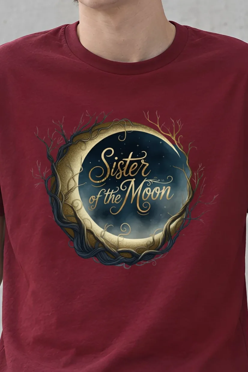 "Sister of the Moon" Heavyweight Unisex Crewneck T-shirt - the graphic up close