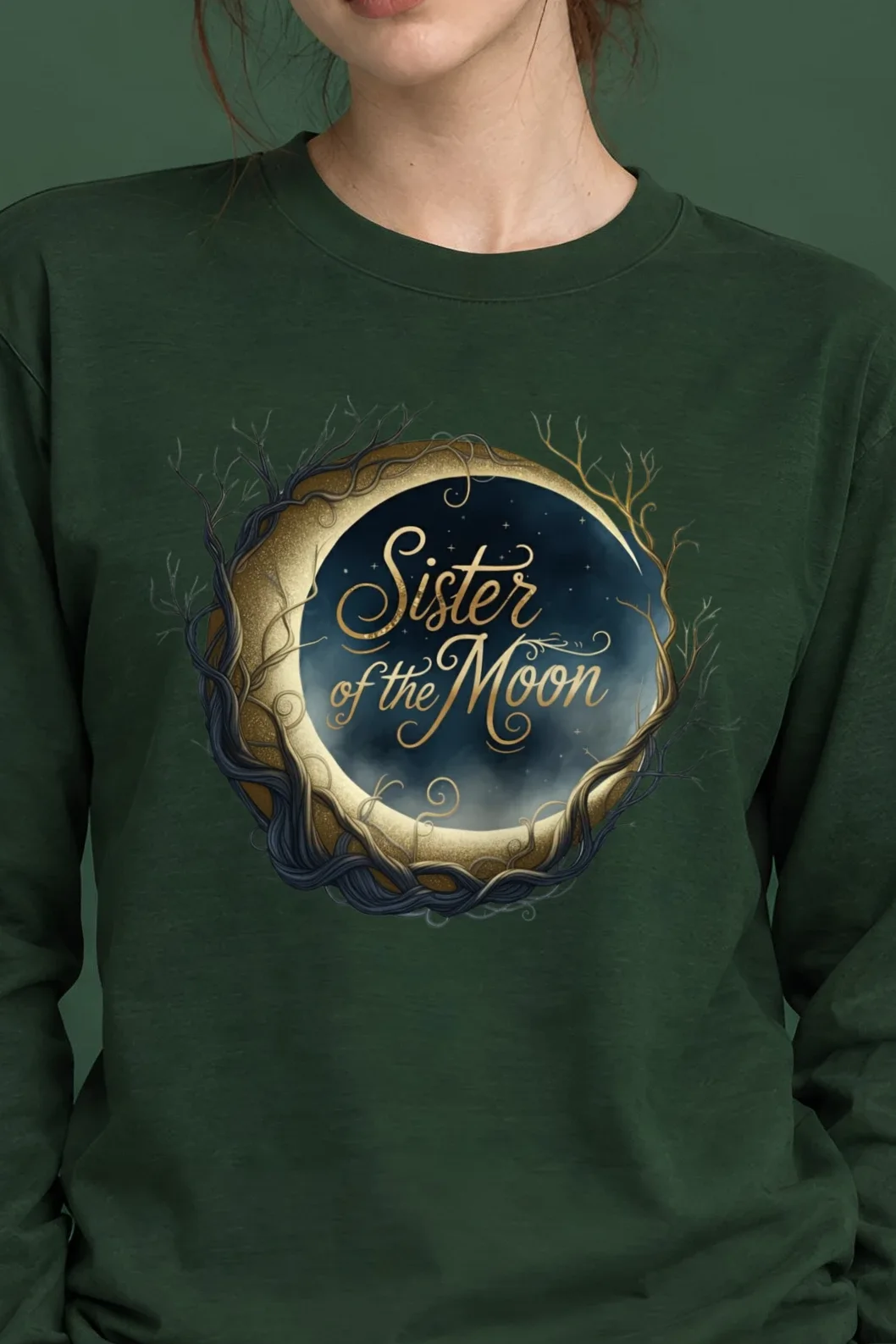 "Sister Of The Moon" Unisex Longsleeve T-shirt - the graphic up close