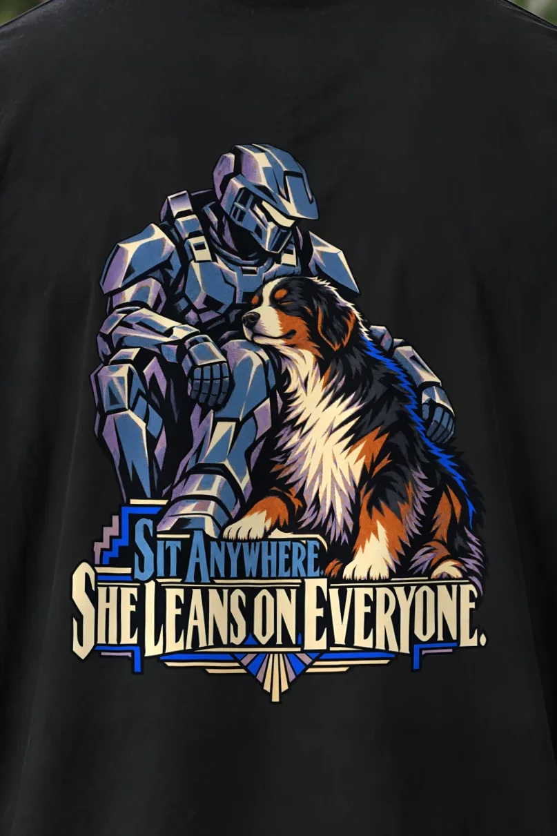 "Sit Anywhere, She Leans on Everyone" Unisex Oversized Heavyweight Crewneck T-Shirt - the graphic up close