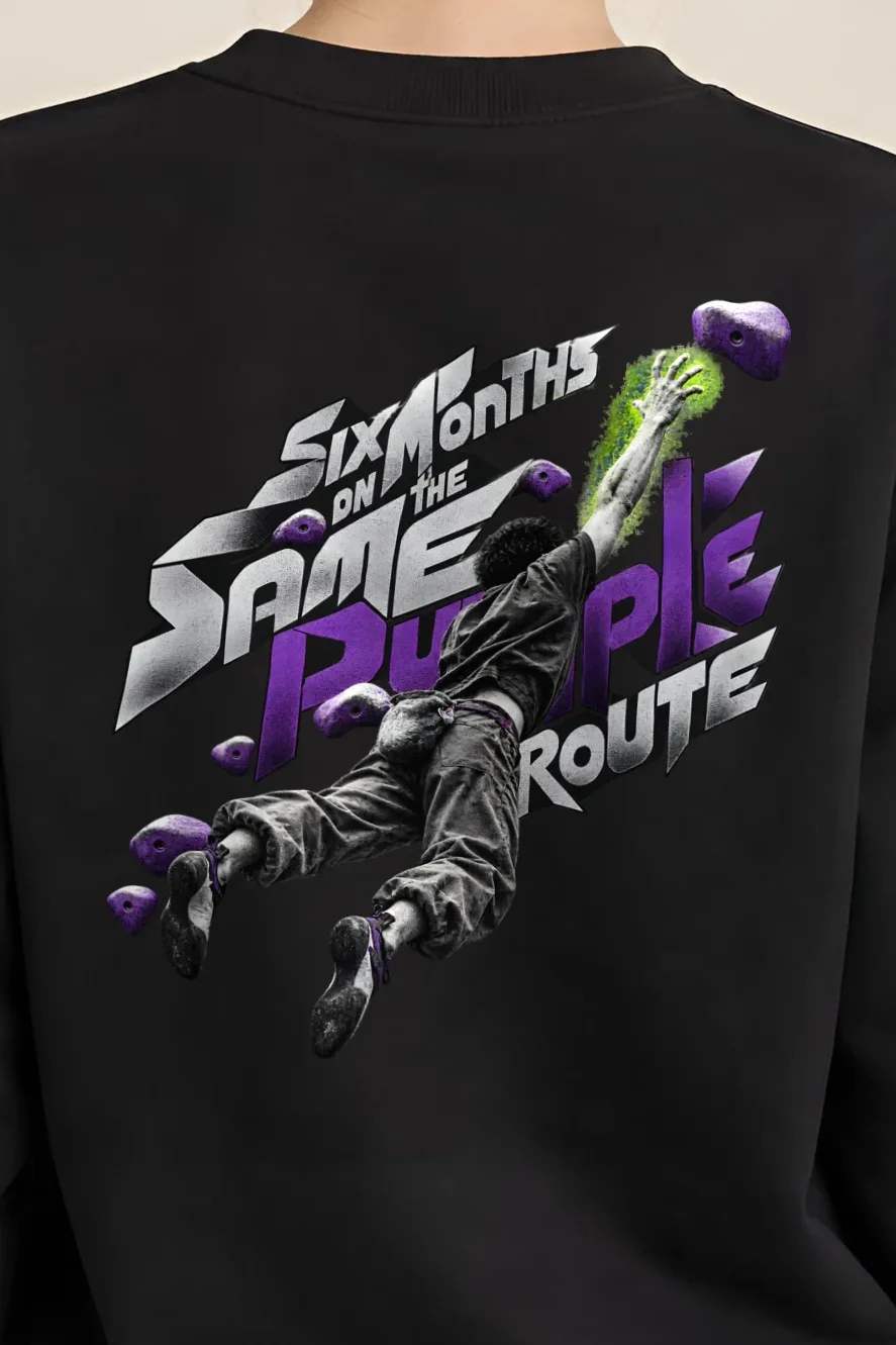 "Six Months on the Same Purple Route" Heavy Blend Unisex Crewneck Sweatshirt - the graphic up close