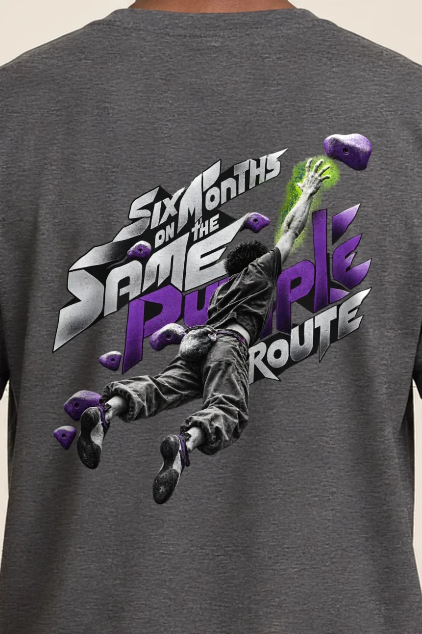 "Six Months on the Same Purple Route" Heavyweight Unisex Crewneck T-shirt - the graphic up close