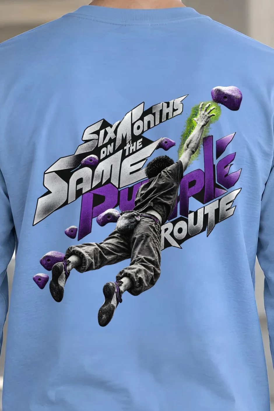 "Six Months on the Same Purple Route" Unisex Longsleeve T-shirt - the graphic up close
