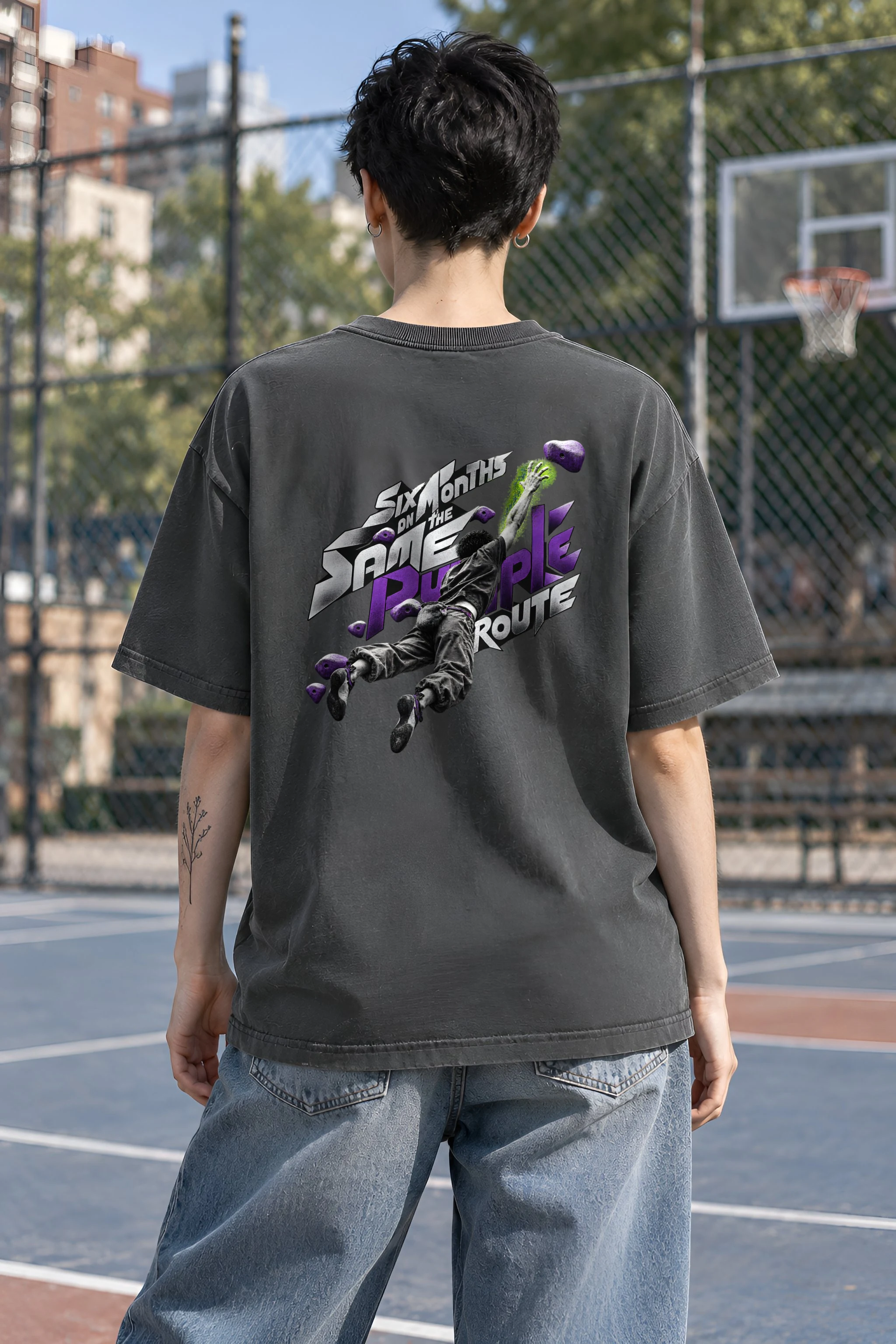 "Six Months on the Same Purple Route" Unisex Oversized Heavyweight Crewneck T-Shirt