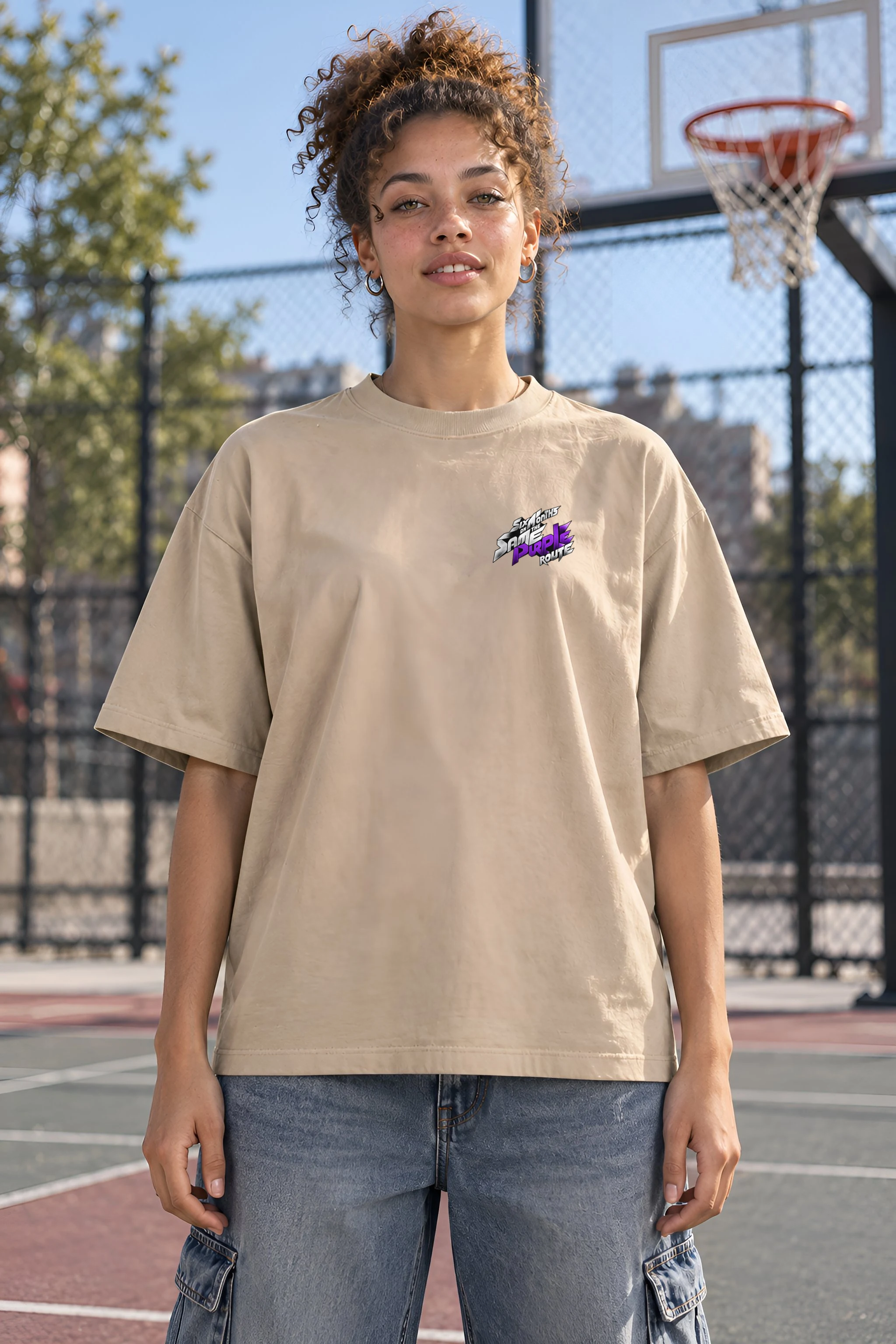 "Six Months on the Same Purple Route" Unisex Oversized Heavyweight Crewneck T-Shirt