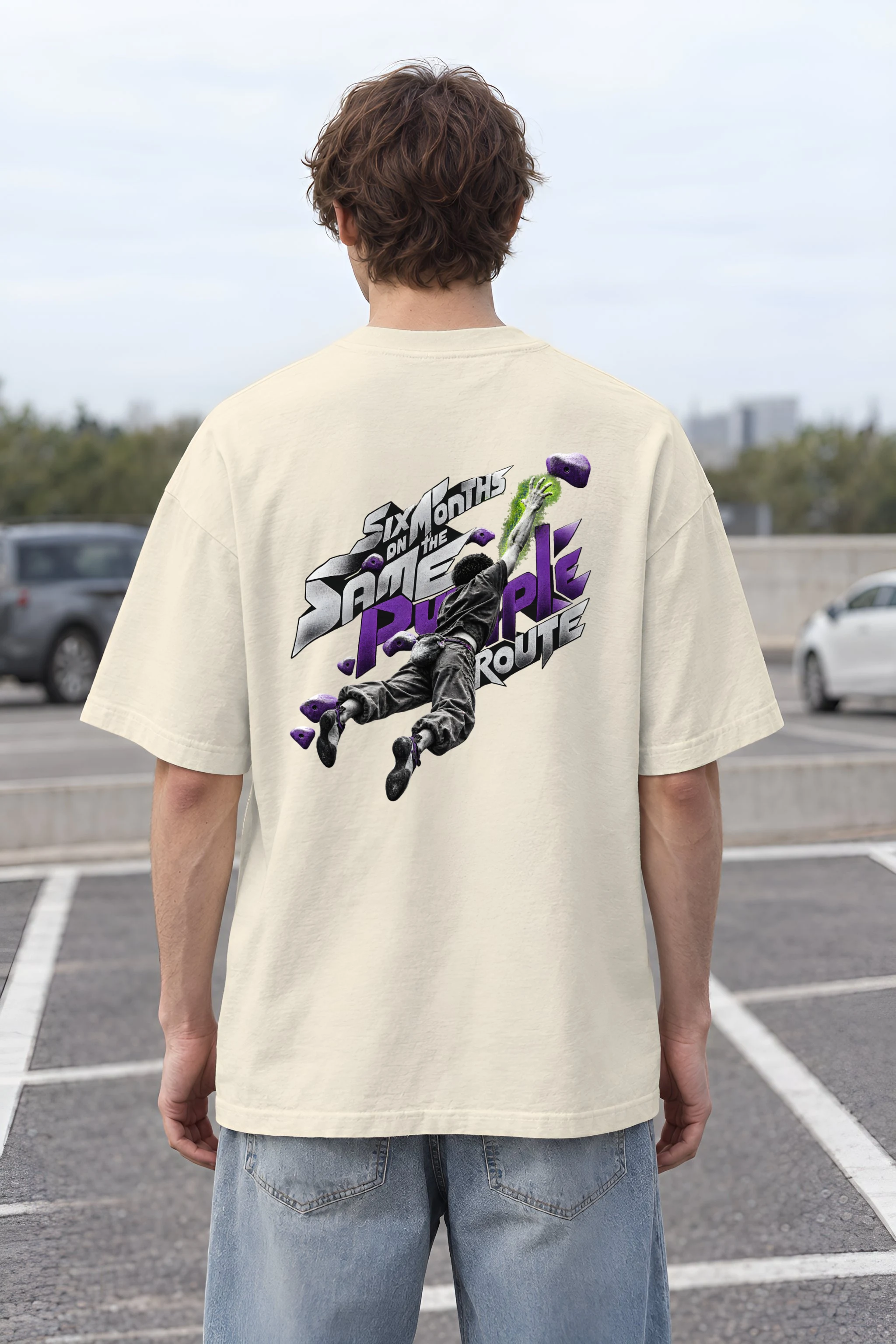 "Six Months on the Same Purple Route" Unisex Oversized Heavyweight Crewneck T-Shirt