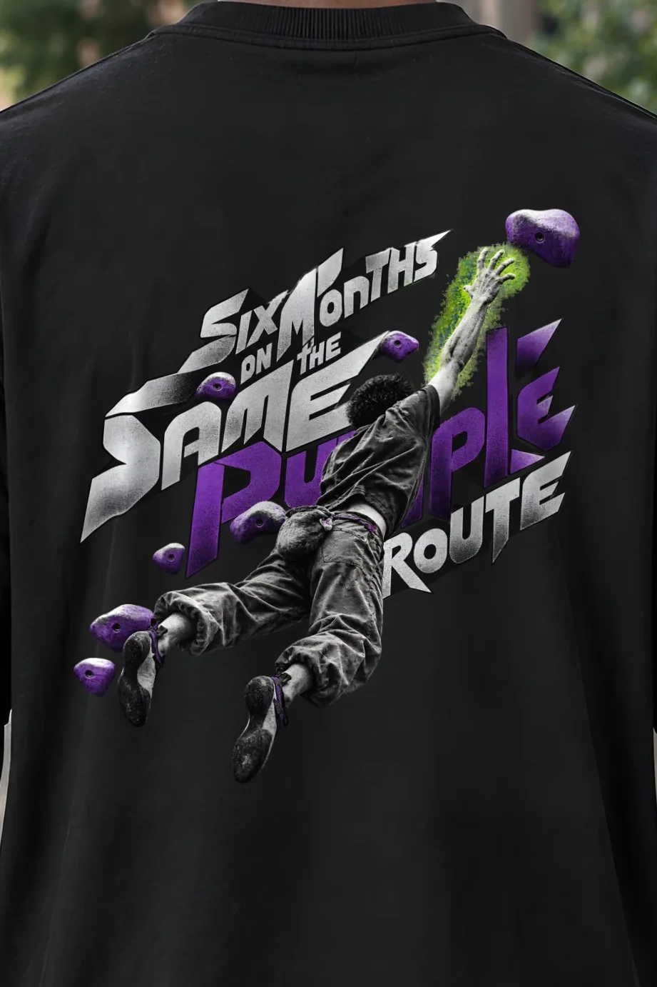 "Six Months on the Same Purple Route" Unisex Oversized Heavyweight Crewneck T-Shirt - the graphic up close