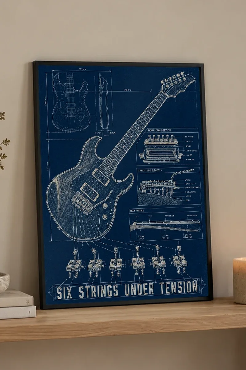 "Six Strings Under Tension" Premium Wooden Framed Poster - the graphic up close
