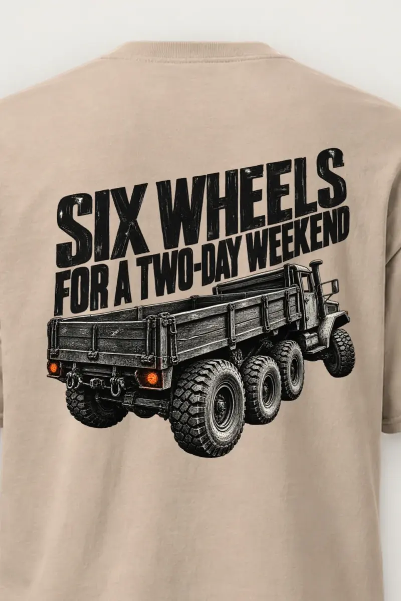 "Six Wheels for a Two-Day Weekend" Heavyweight Unisex Crewneck T-shirt - the graphic up close