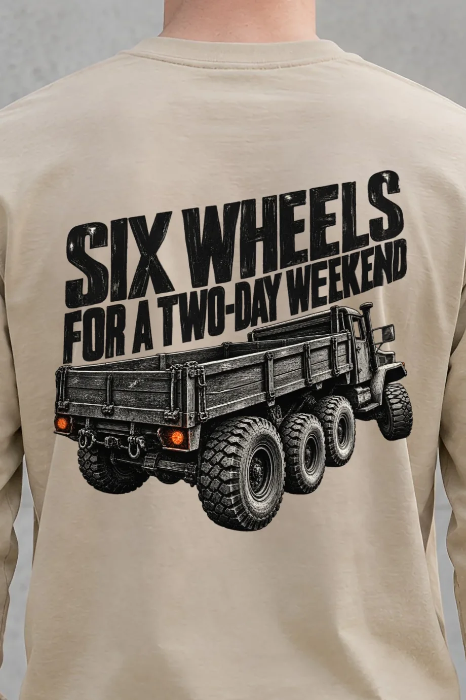 "Six Wheels for a Two-Day Weekend" Unisex Longsleeve T-shirt - the graphic up close