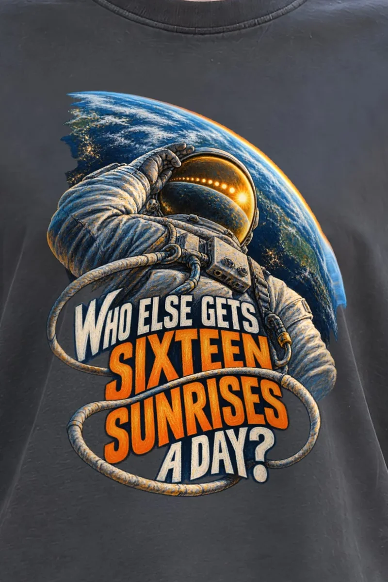 "Sixteen Sunrises" Unisex Oversized Heavyweight Crewneck T-Shirt - the graphic up close