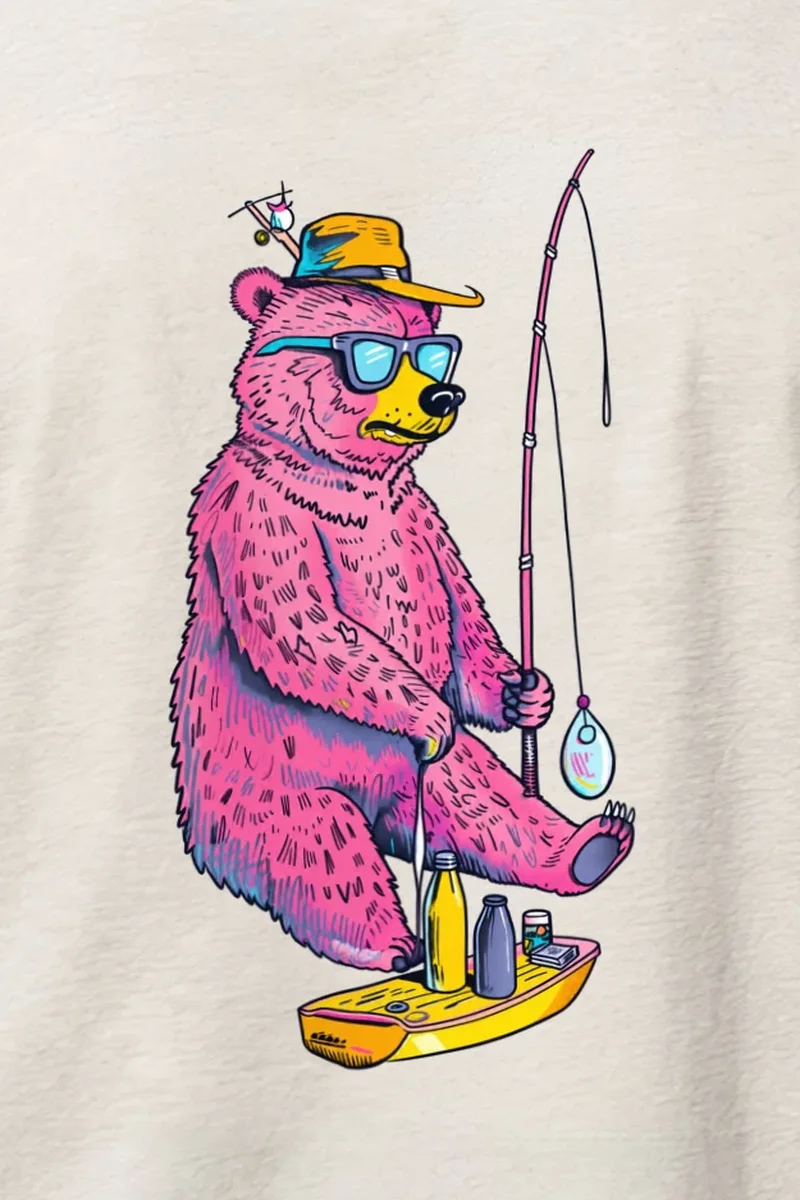 "Skateboard Fishing Bear" Heavyweight Unisex Crewneck T-shirt - the graphic up close