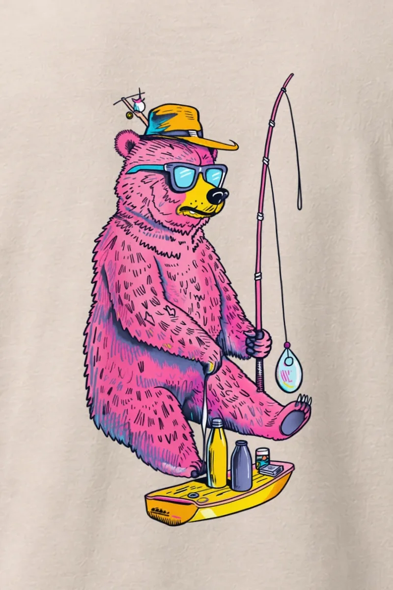 "Skateboard Fishing Bear" Heavyweight Unisex Crewneck T-shirt - the graphic up close