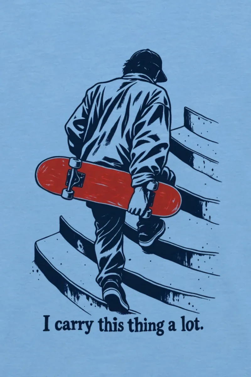 "Skater Carrying Red Board" Unisex Longsleeve T-shirt - the graphic up close