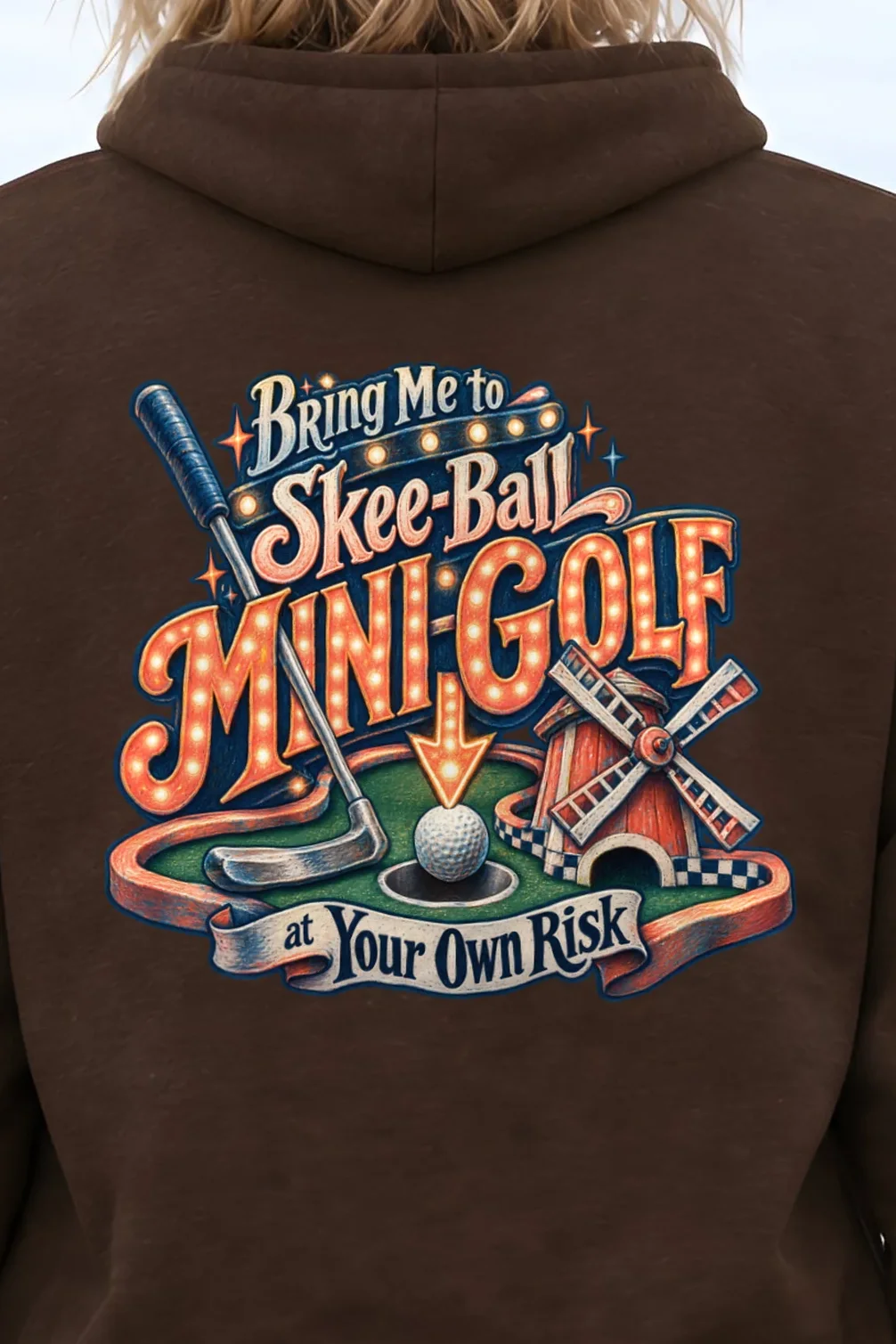"Skee-Ball Mini-Golf at Your Own Risk" Heavy Blend Unisex Pullover Hoodie - the graphic up close