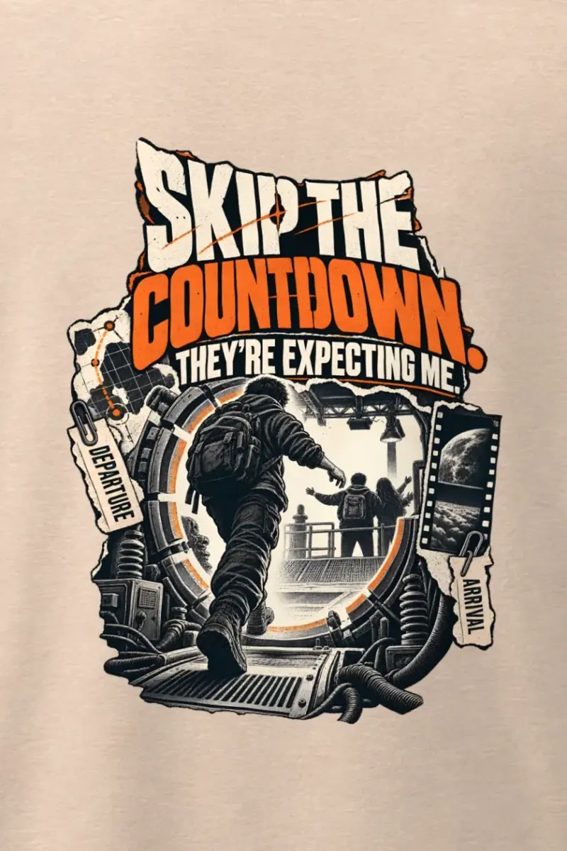 "Skip The Countdown" Men’s Oversized Heavyweight Crewneck T-Shirt - the graphic up close
