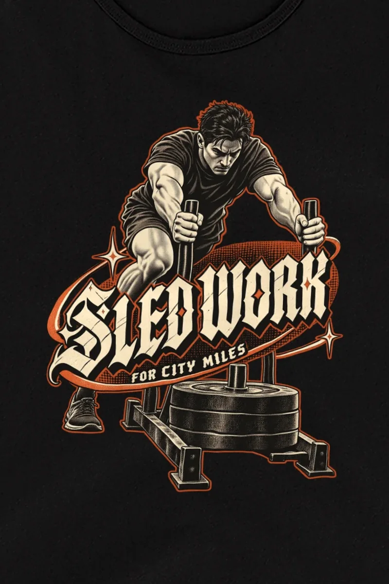 "Sled Work for City Miles" Unisex Jersey Tank - the graphic up close