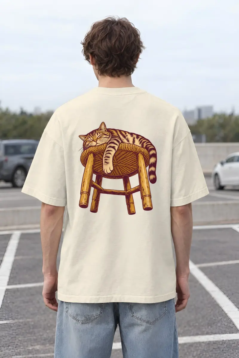 "Sleeping Tabby On Woven Stool" Men's Oversized Heavyweight Crewneck T-Shirt