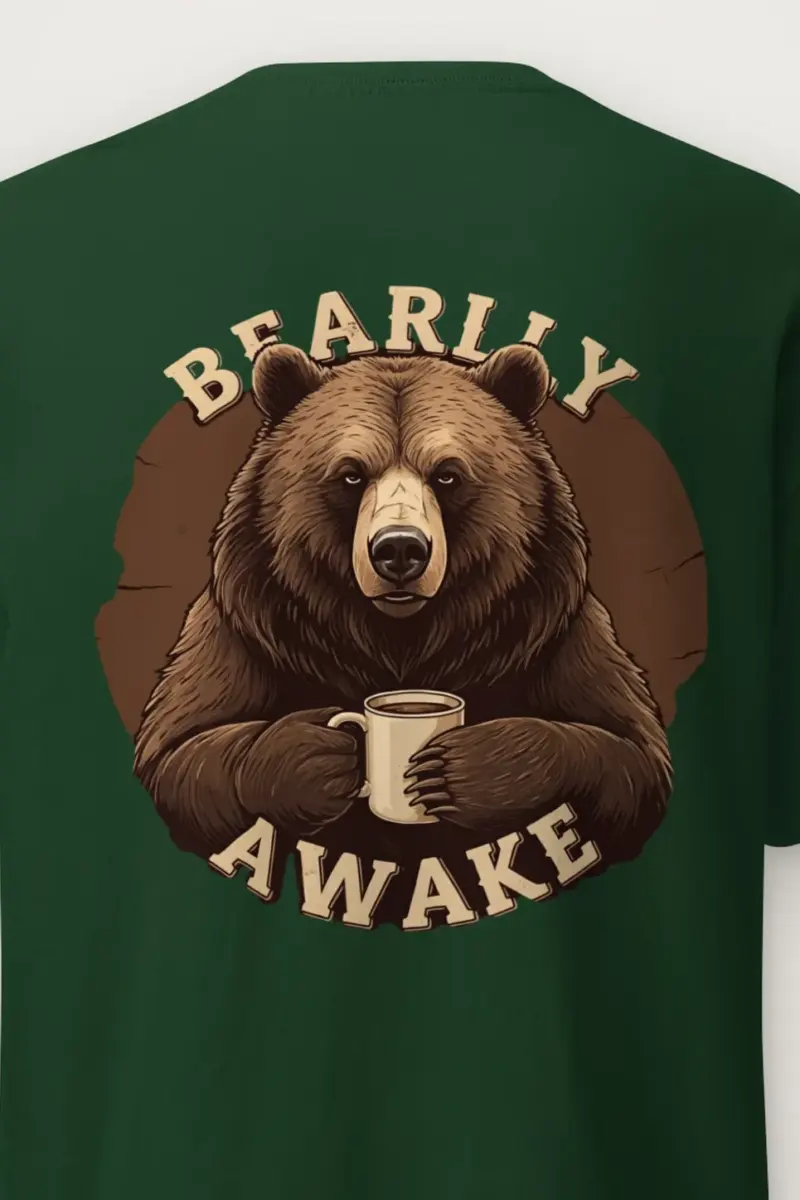 "Sleepy Coffee Bear" Heavyweight Unisex Crewneck T-shirt - the graphic up close