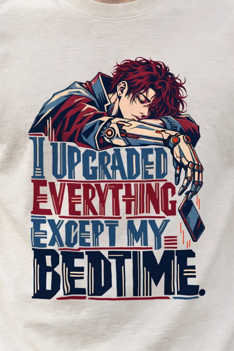 "Sleepy Cyborg" Heavyweight Unisex Crewneck T-shirt - the graphic up close