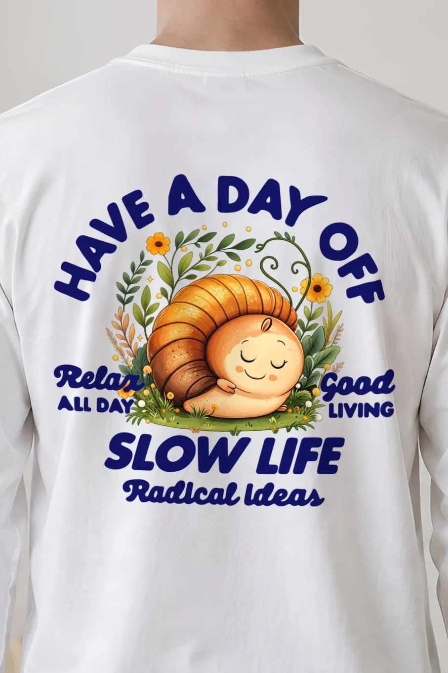 "Slow Life Snail" Unisex Longsleeve T-shirt - the graphic up close