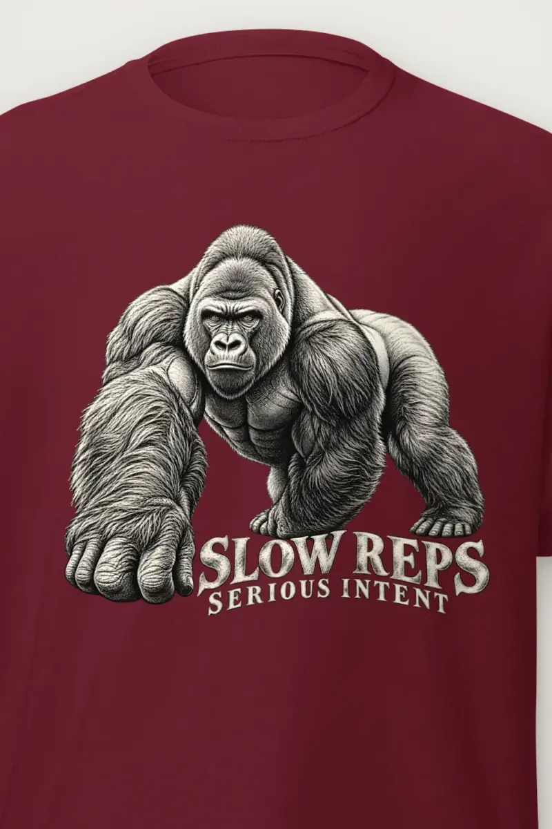 "Slow Reps, Serious Intent" Heavyweight Unisex Crewneck T-shirt - the graphic up close