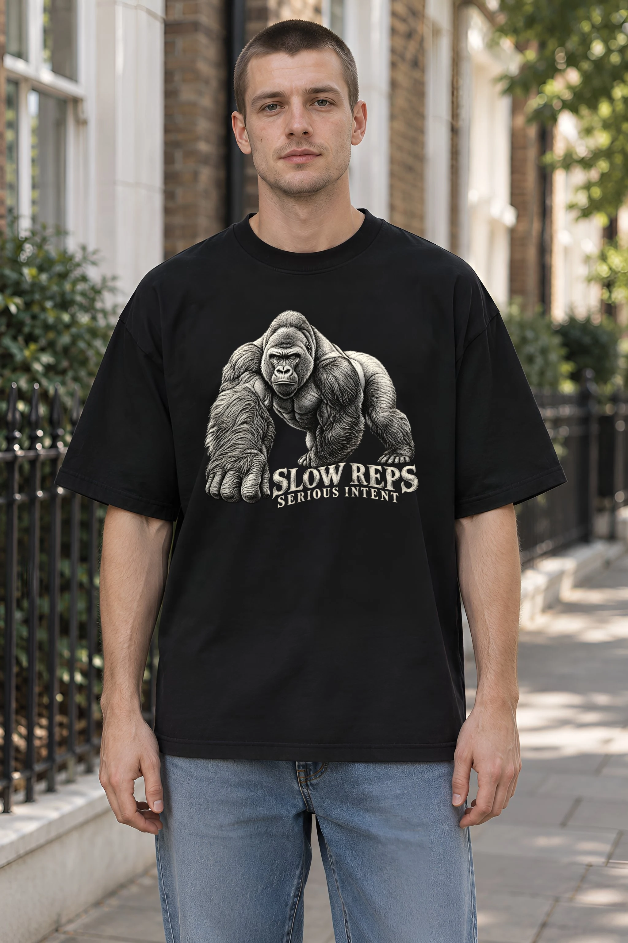 "Slow Reps Serious Intent" Men's Oversized Heavyweight Crewneck T-Shirt