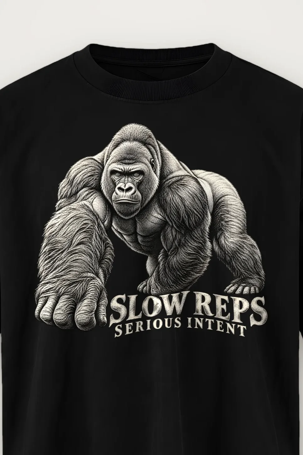 "Slow Reps Serious Intent" Men’s Oversized Heavyweight Crewneck T-Shirt - the graphic up close