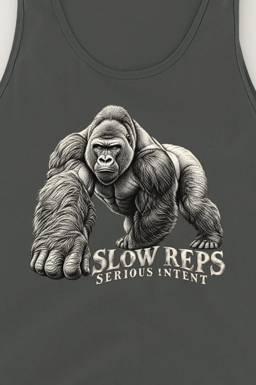 "Slow Reps Serious Intent" Unisex Jersey Tank - the graphic up close