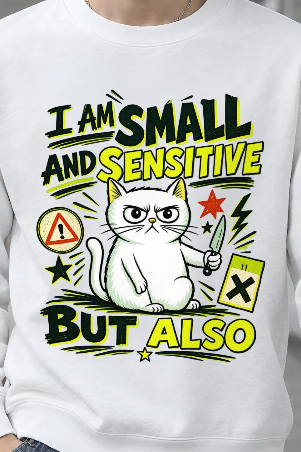 "Small Sensitive Cat" 1 Crewneck Sweatshirt - the graphic up close