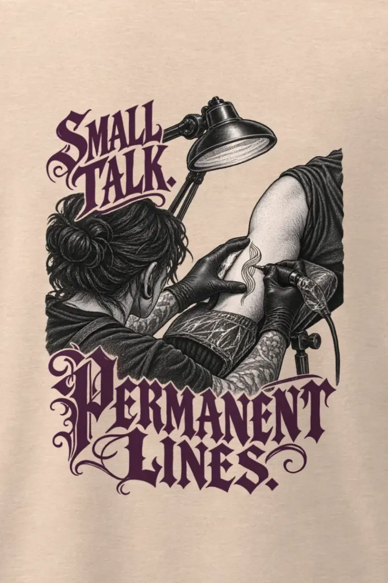 "Small Talk, Permanent Lines" Men’s Oversized Heavyweight Crewneck T-Shirt - the graphic up close
