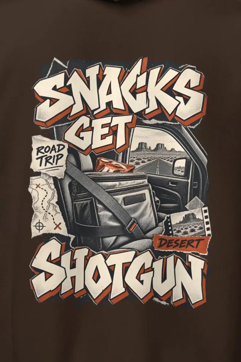 "Snacks Get Shotgun" Heavy Blend Unisex Pullover Hoodie - the graphic up close