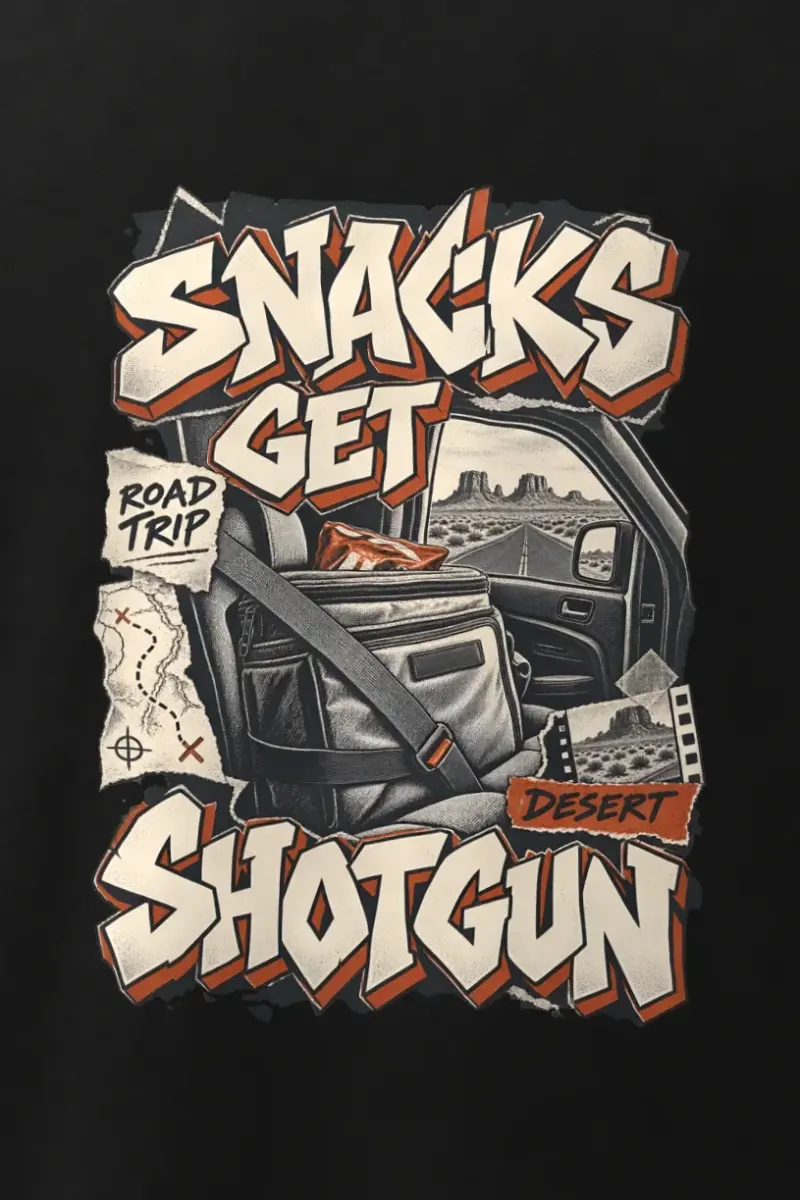 "Snacks Get Shotgun" Men’s Oversized Heavyweight Crewneck T-Shirt - the graphic up close
