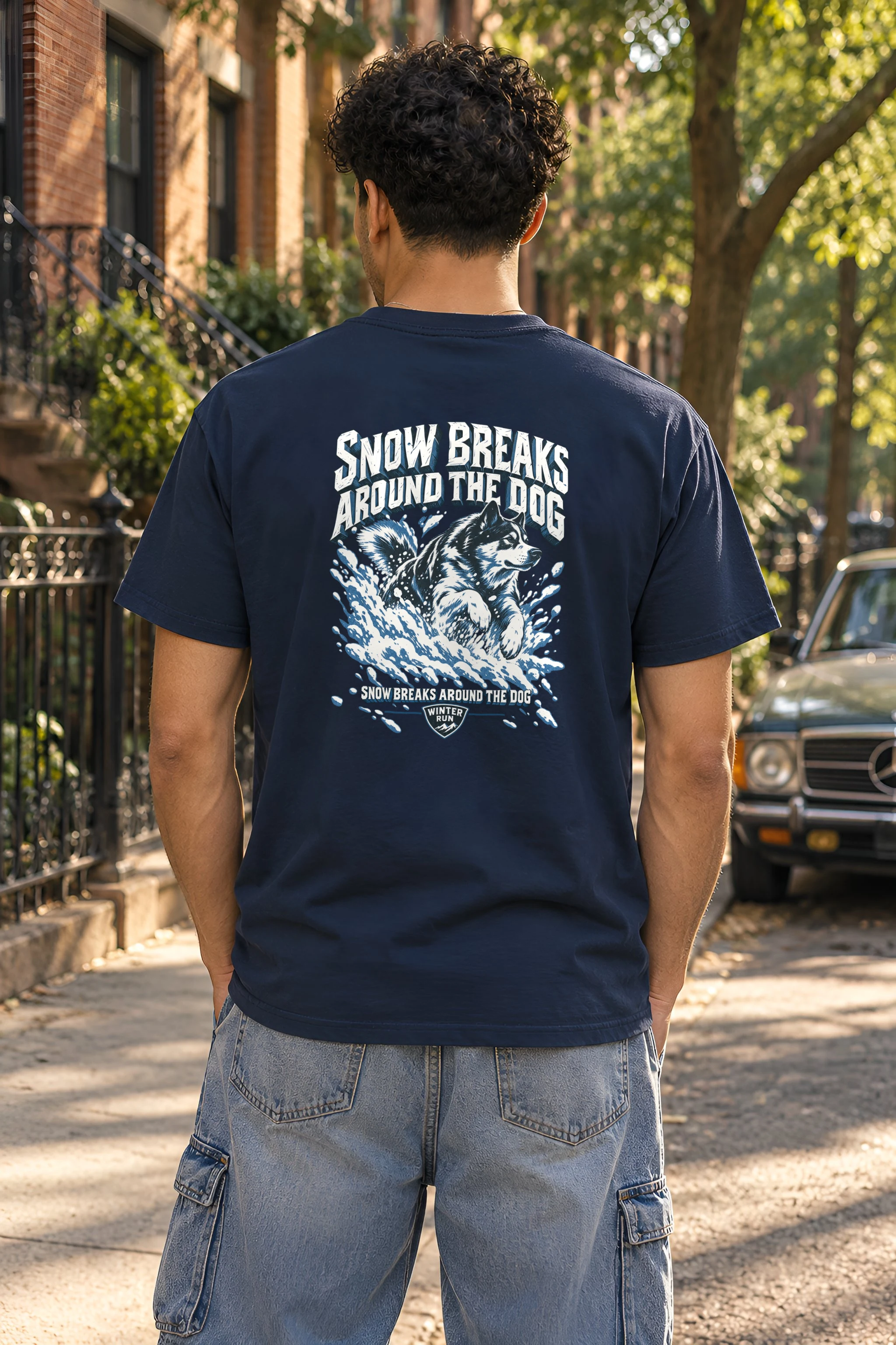 "Snow Breaks Around the Dog" Heavyweight Unisex Crewneck T-shirt