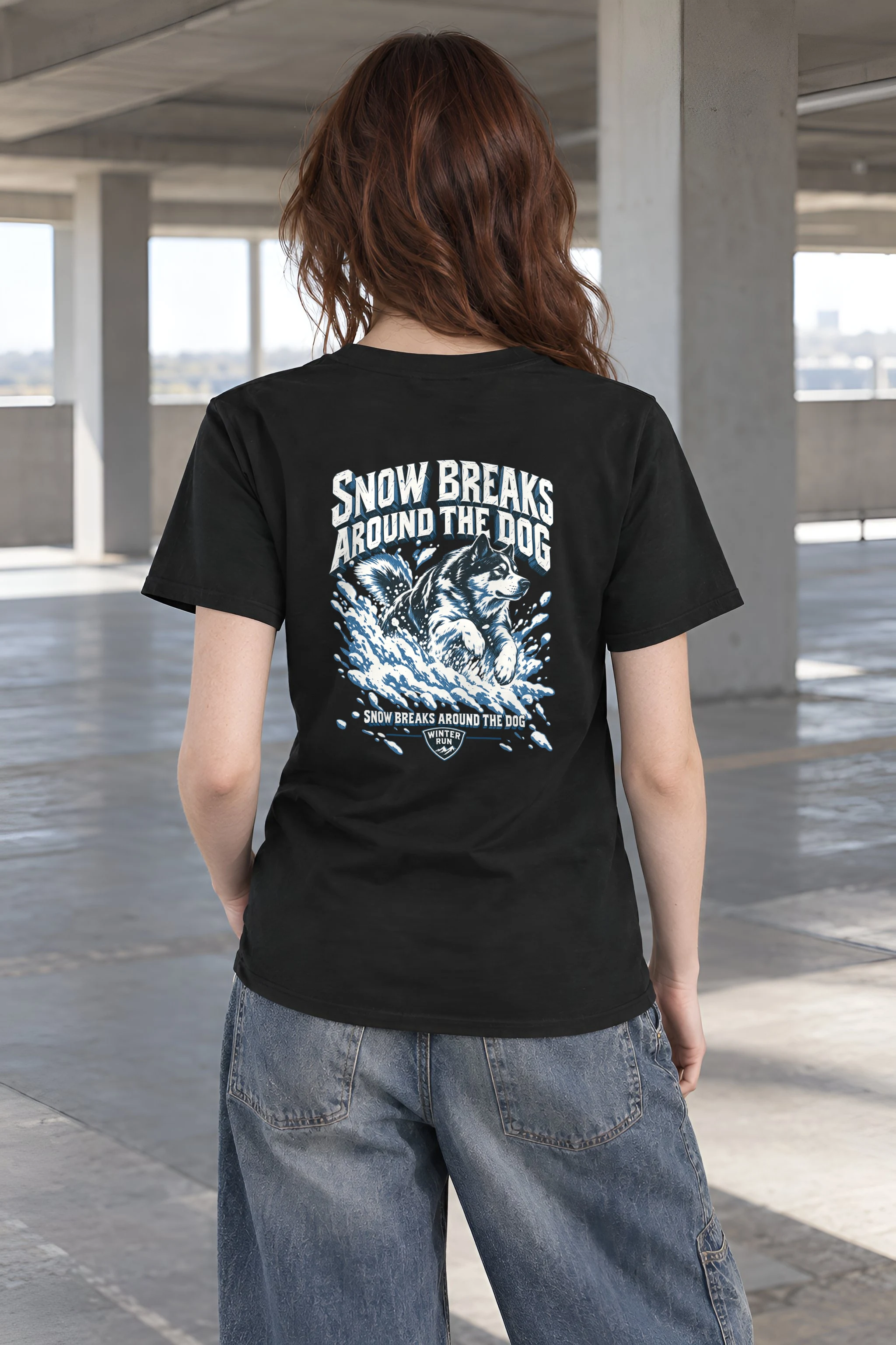 "Snow Breaks Around the Dog" Heavyweight Unisex Crewneck T-shirt