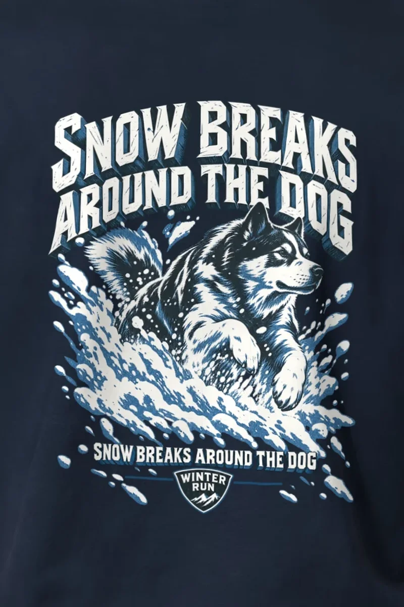 "Snow Breaks Around the Dog" Heavyweight Unisex Crewneck T-shirt - the graphic up close