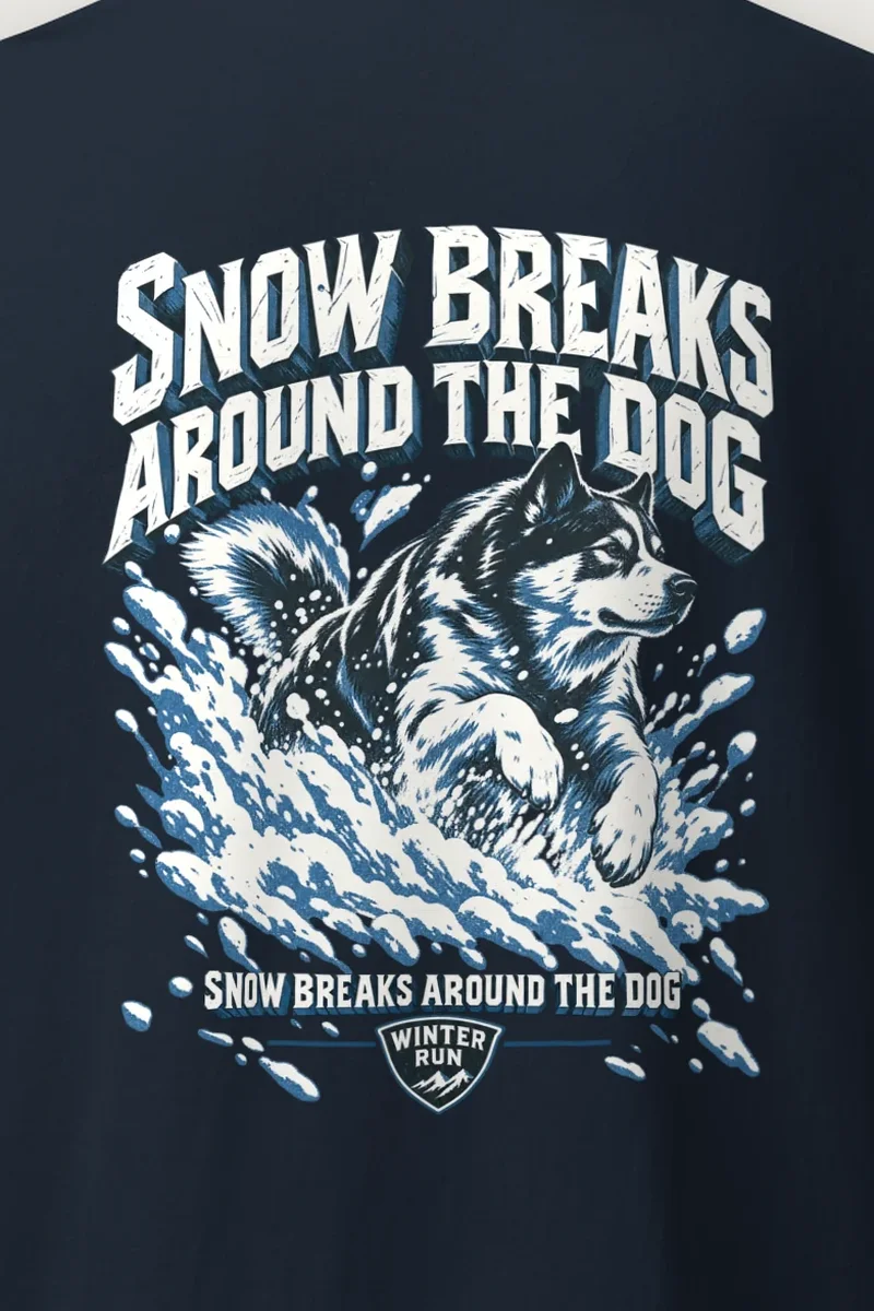 "Snow Breaks Around the Dog" Heavyweight Unisex Crewneck T-shirt - the graphic up close