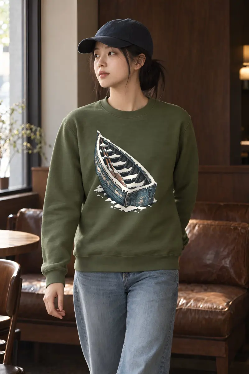 “Snow-Covered Rowing Boat” Heavy Blend Unisex Crewneck Sweatshirt