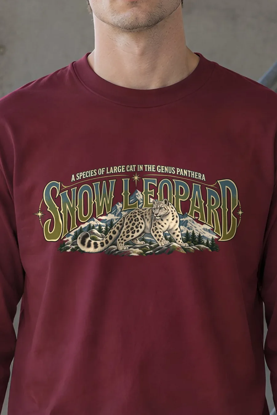 "Snow Leopard Study" Unisex Longsleeve T-shirt - the graphic up close
