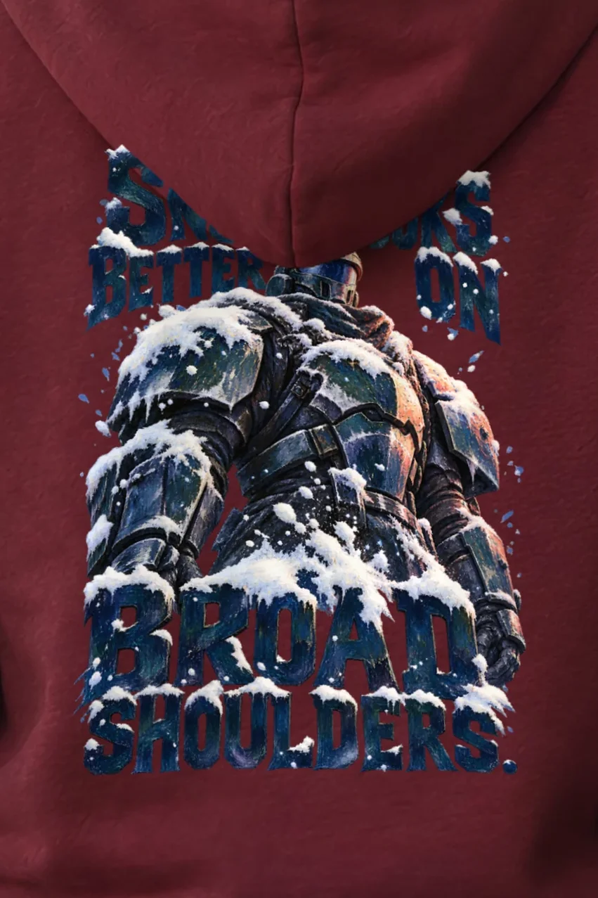 "Snow Looks Better On Broad Shoulders" Unisex Pullover Hoodie - the graphic up close