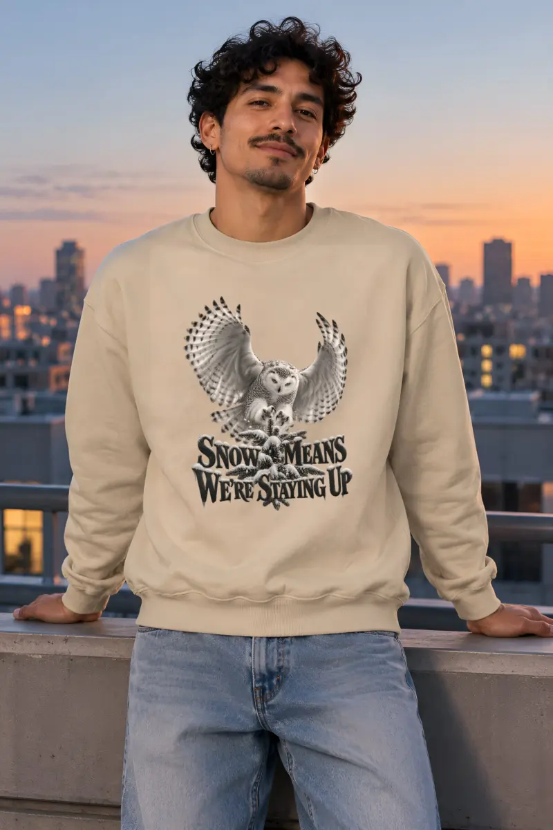 "Snow Owl Winter Vigil" Heavy Blend Unisex Crewneck Sweatshirt