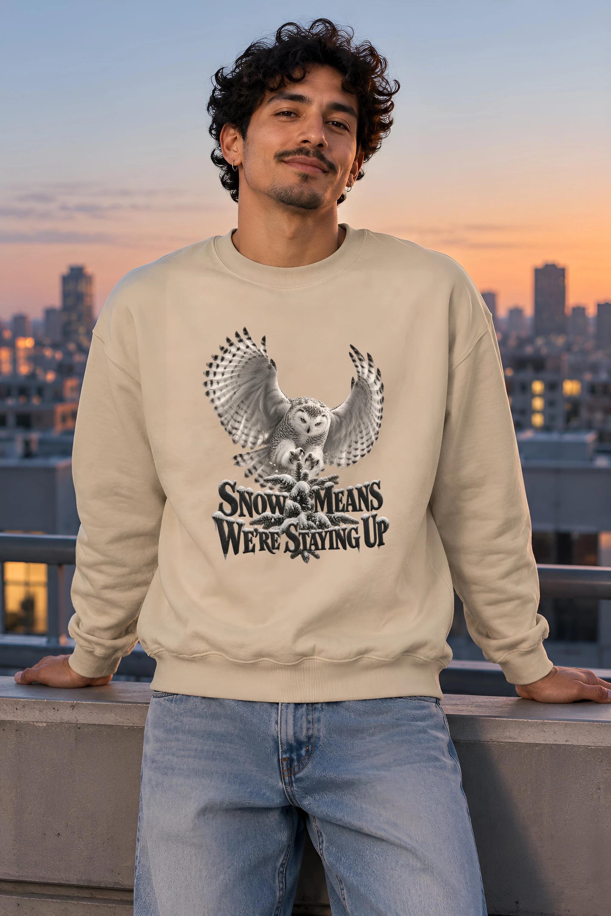 "Snow Owl Winter Vigil" Heavy Blend Unisex Crewneck Sweatshirt