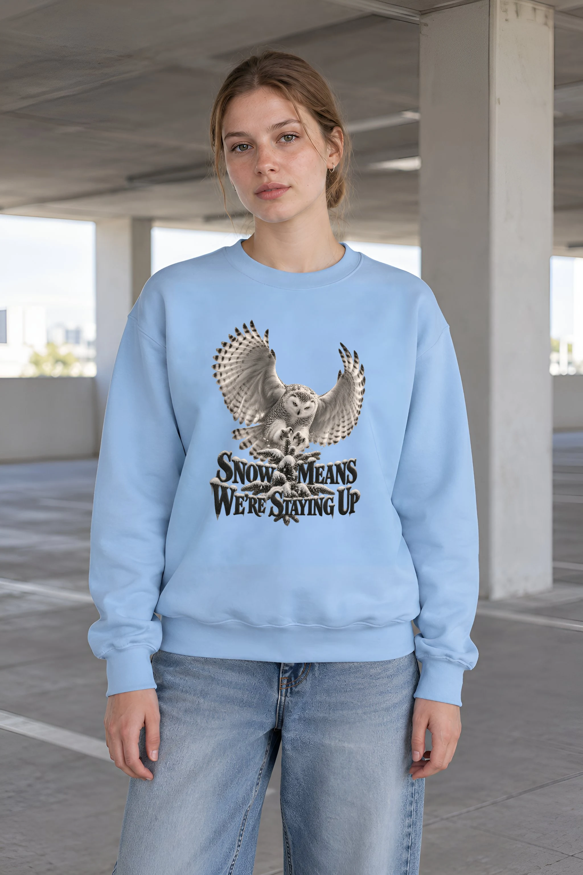 "Snow Owl Winter Vigil" Heavy Blend Unisex Crewneck Sweatshirt