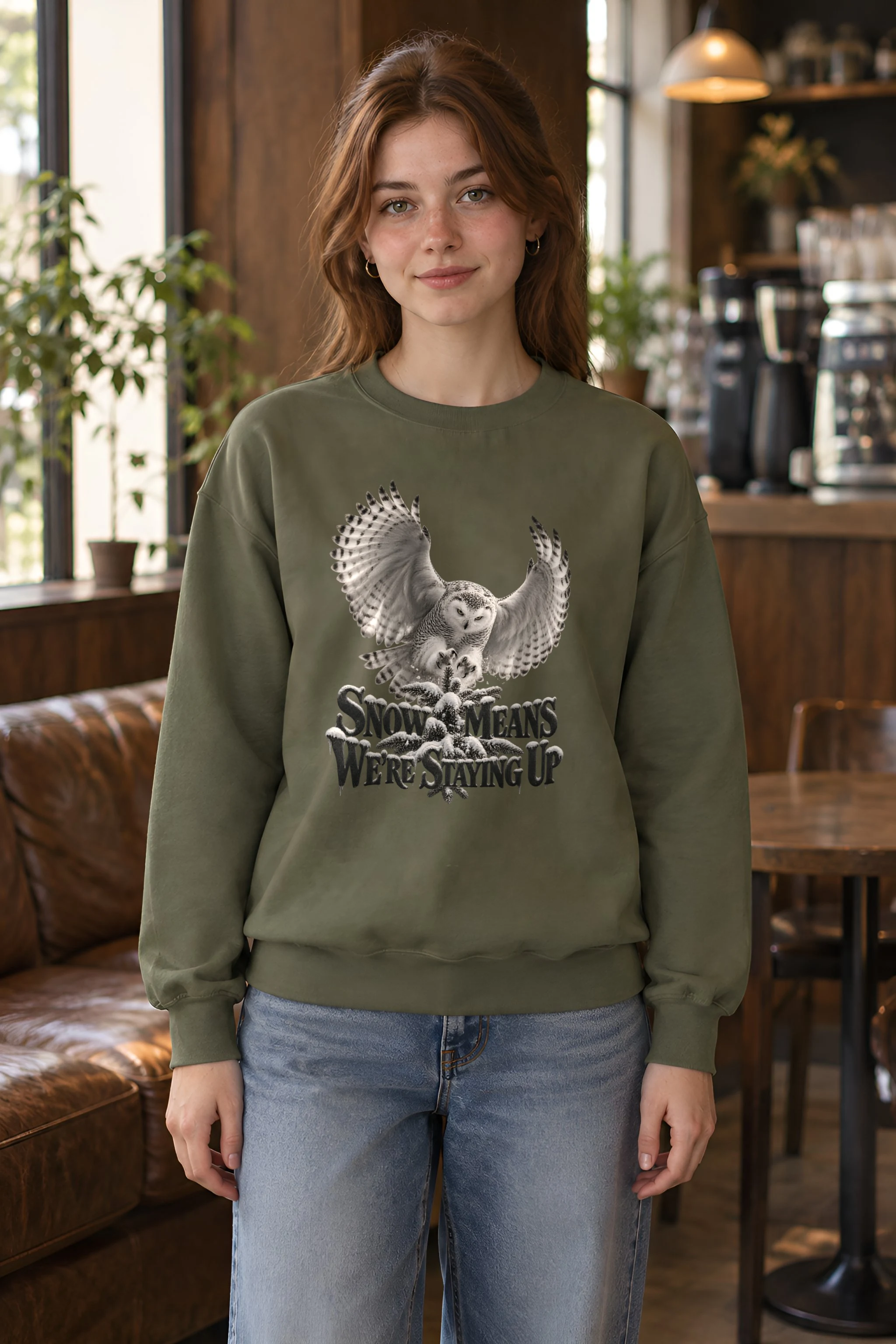 "Snow Owl Winter Vigil" Heavy Blend Unisex Crewneck Sweatshirt