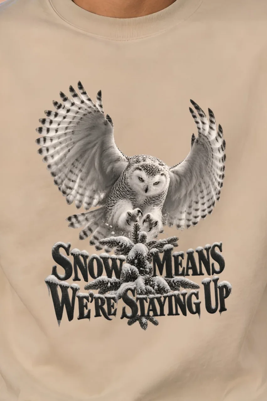 "Snow Owl Winter Vigil" Heavy Blend Unisex Crewneck Sweatshirt - the graphic up close