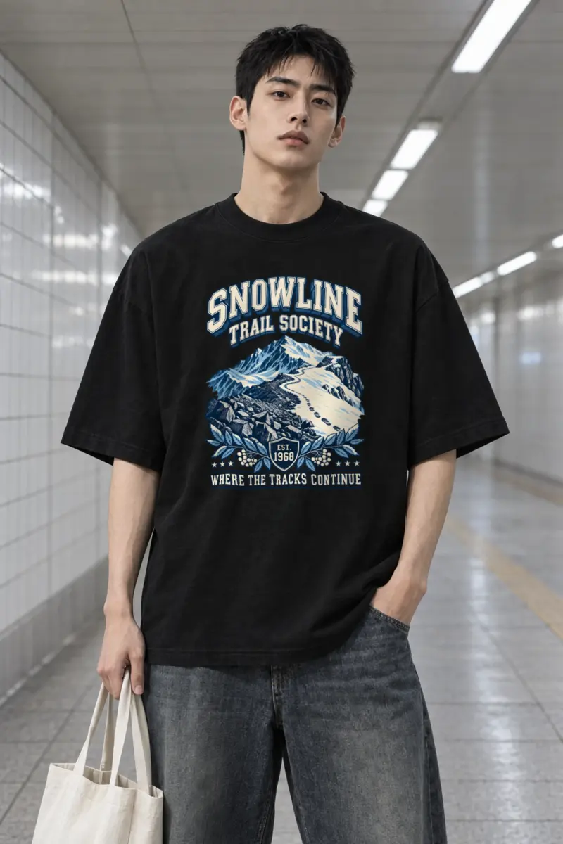 "Snowline Trail Society" Men's Oversized Heavyweight Crewneck T-Shirt